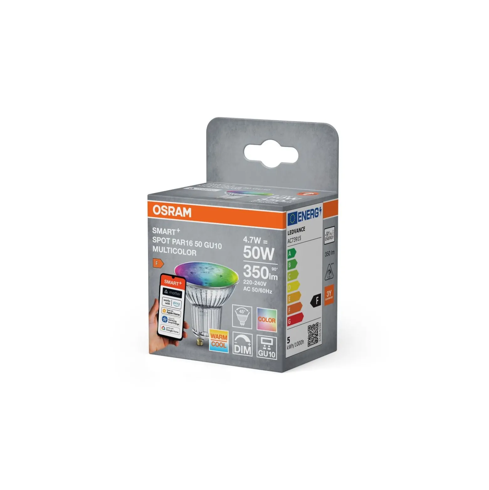 Osram LED Spot GU10 PAR16 Smart+ Matter 4.7W 350lm 45D - 827-865 Justerbar Vit | Dimbar - Ersättare 35W