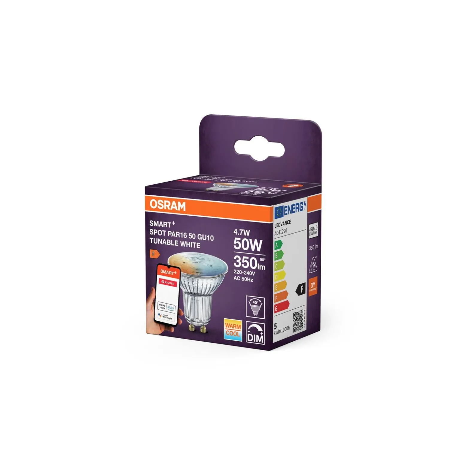 Osram LED Spot GU10 PAR16 Smart+ 4.7W 350lm 45D - 827-865 Justerbar Vit | Zigbee Dimbar - Ersättare 35W