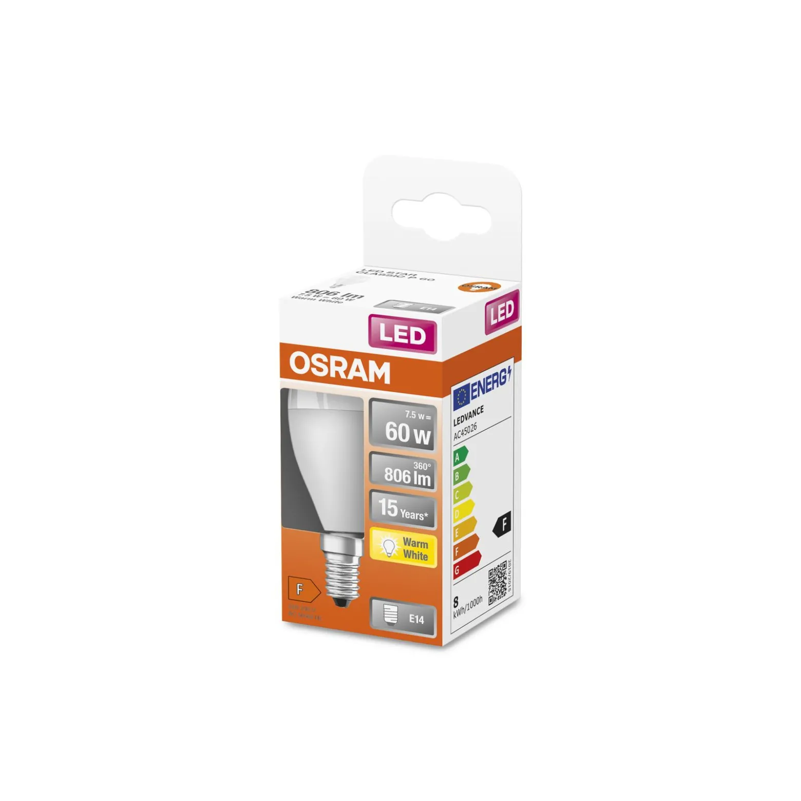 Osram LED Star Classic E14 Boll Matt 7.5W 806lm - 827 Extra Varm Vit | Ersättare 60W