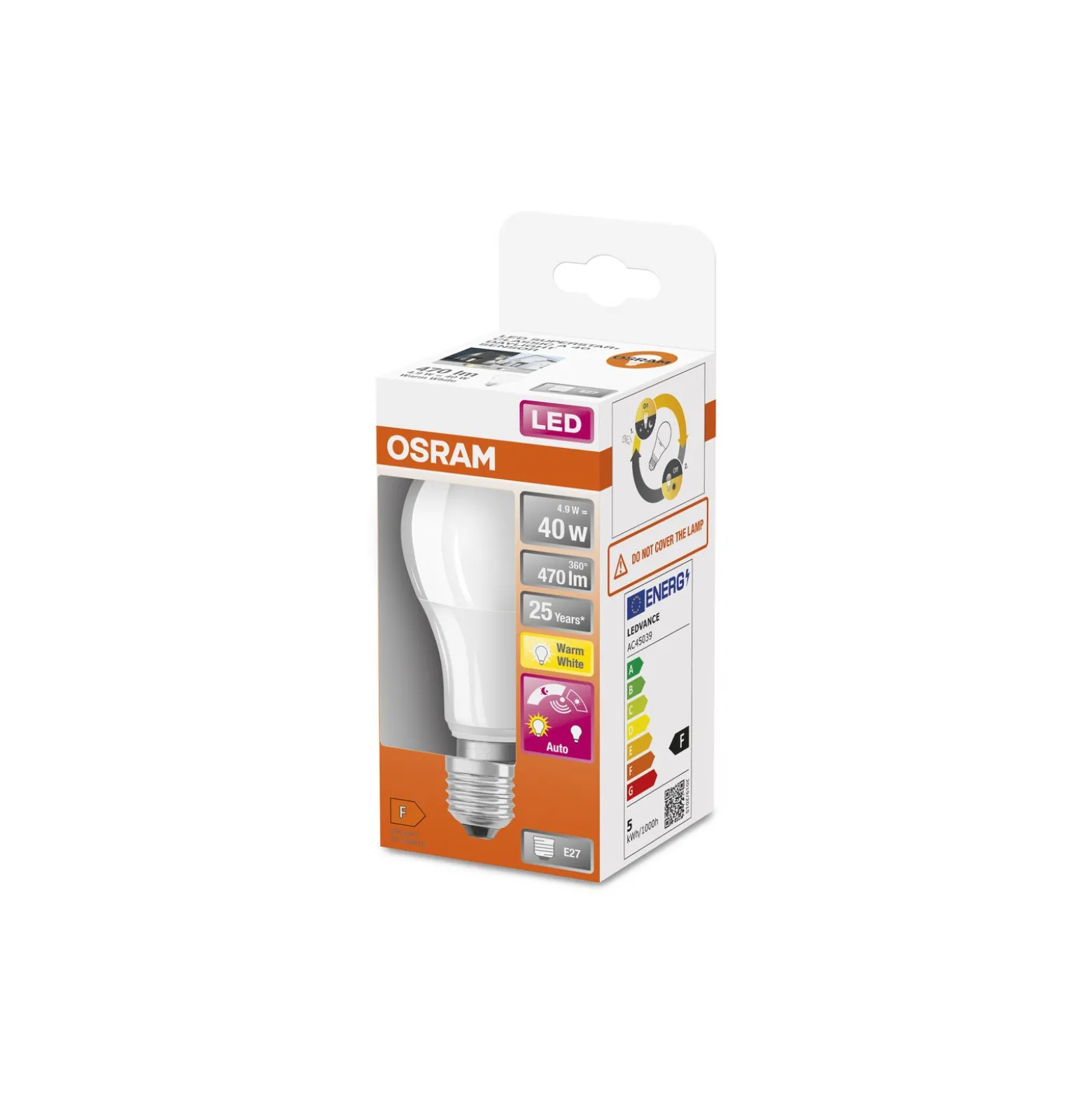 Osram LED Star Classic E27 Päron Matt 4.9W 470lm - 827 Extra Varm Vit | Ljussensor - Ersättare 40W