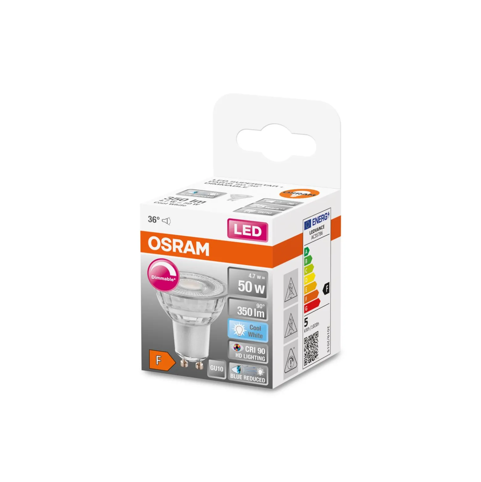 Osram LED Superstar Reflektor Spot GU10 PAR16 4.7W 350lm 36D - 940 Kallvit | Bästa Färgåtergivning - Dimbar - Ersättare 50W