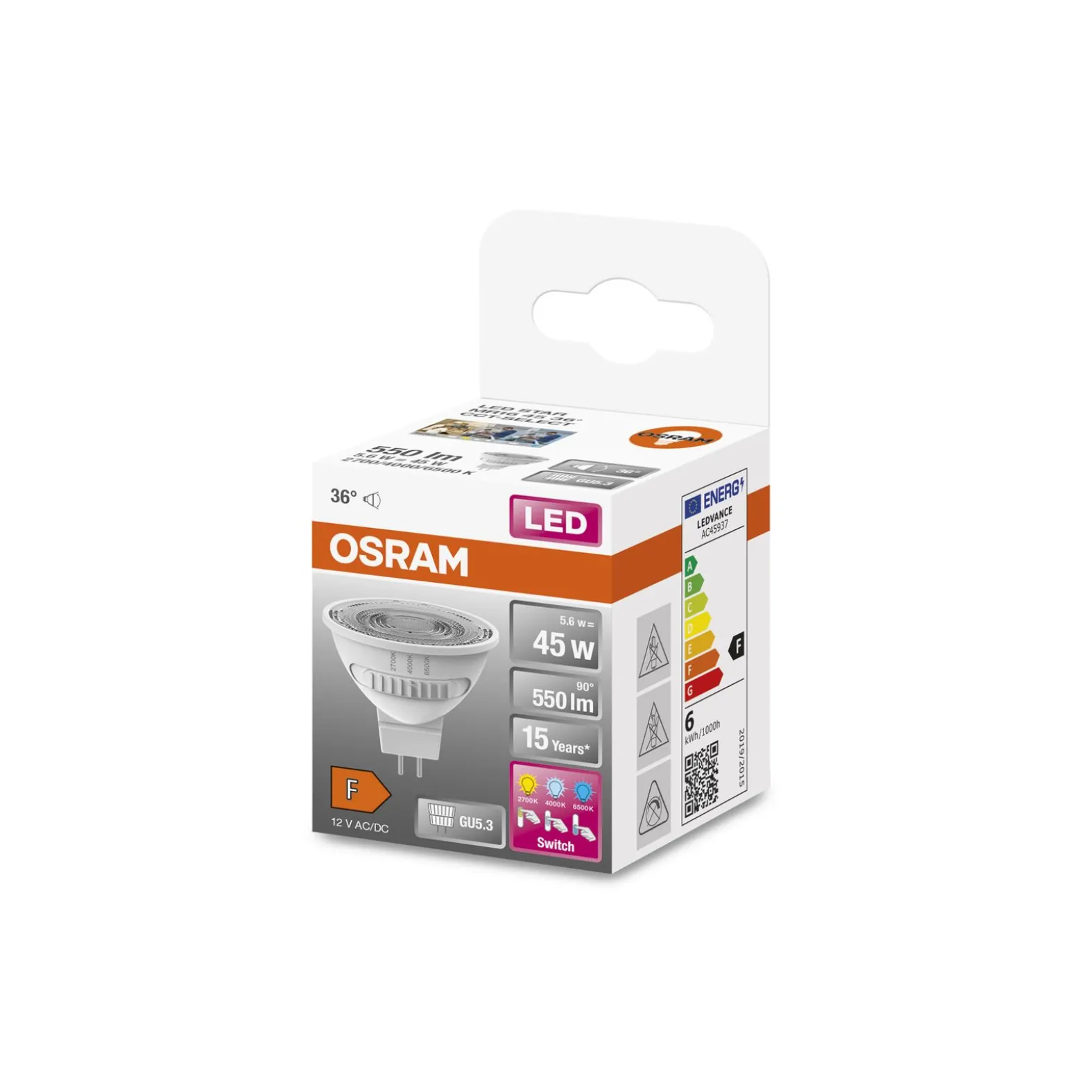 Osram LED Superstar Reflektor Spot GU5.3 MR16 5.6W 550lm 45D - 827 Extra Varm Vit | Ersättare 45W