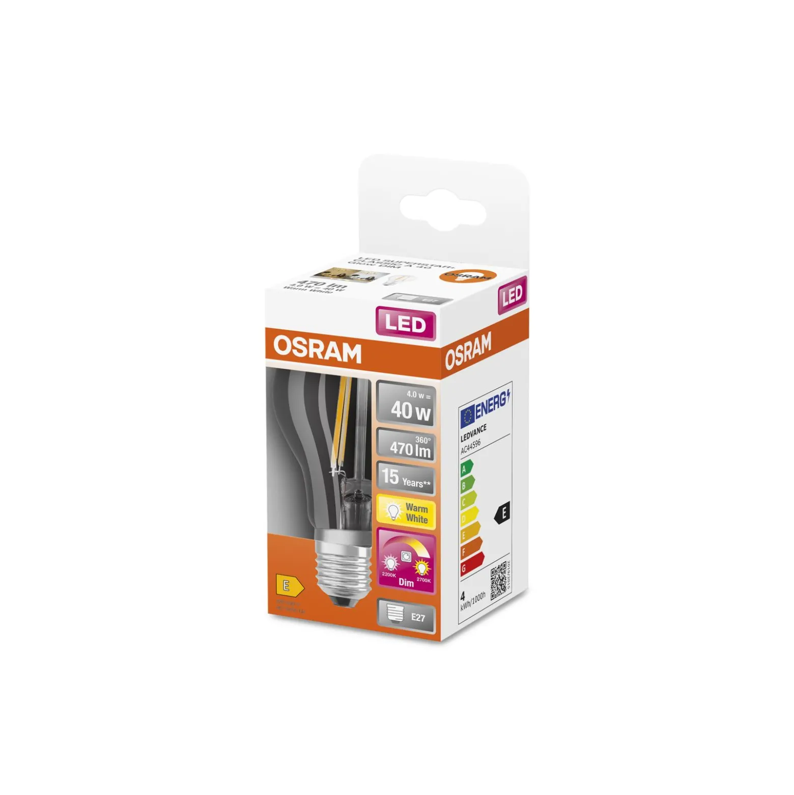 Osram Parathom LED E27 Päron Klar 4.5W 470lm - 822-827 Dim To Warm | Ersättare 40W