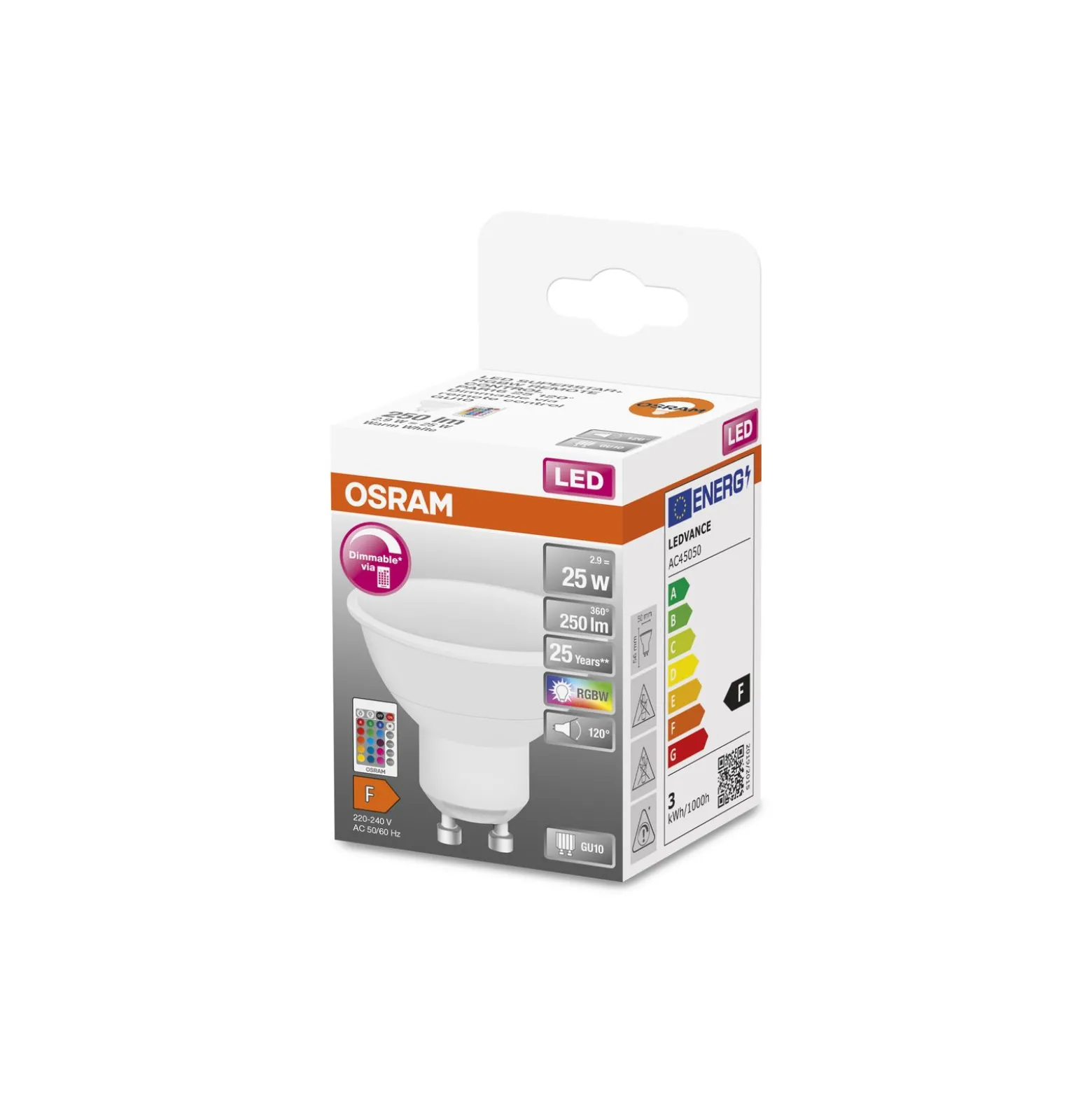 Osram Parathom Retrofit LED Spot GU10 PAR16 2,9W 250lm 120D - 827 Extra Varm Vit | RGBW - Dimbar - Fjärrkontroll - Ersättare 25W