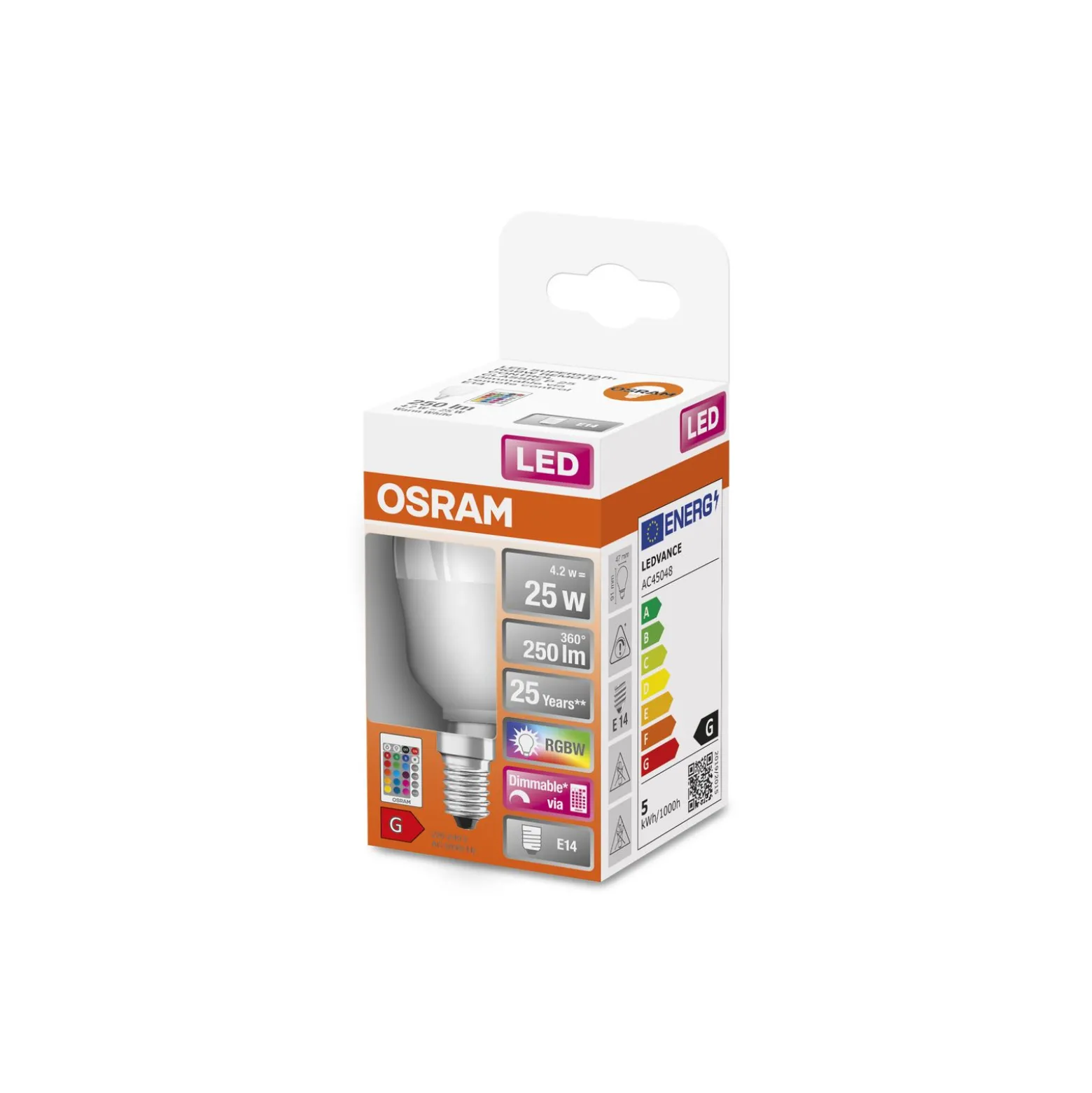 Osram Retrofit LED E14 Boll Matt 5W 250lm - 827 Extra Varm Vit | RGBW - Dimbar - Fjärrkontroll - Ersättare 25W
