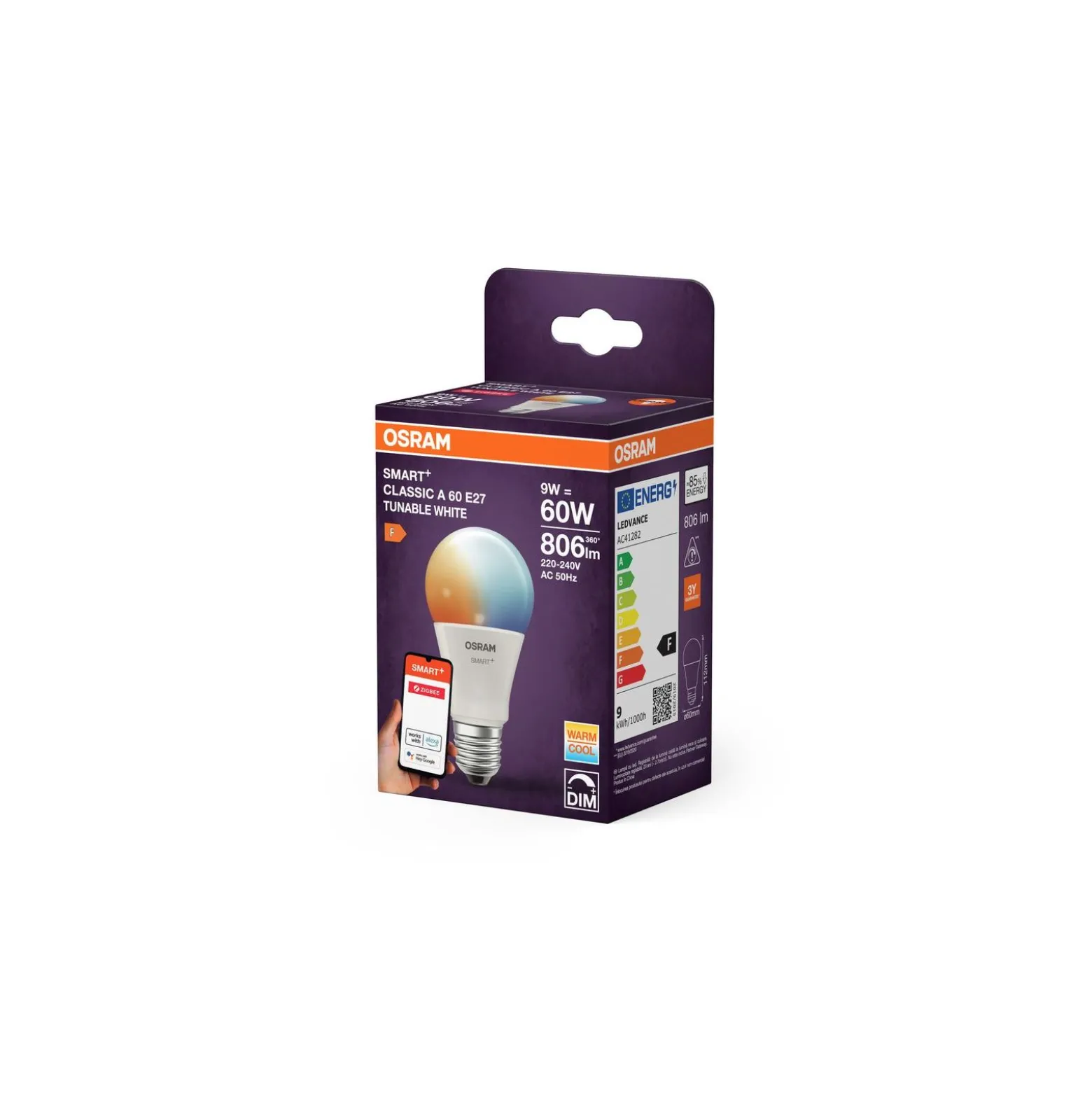 Osram Smart+ Classic LED E27 Päron Matt 9W 806lm - 827-865 Justerbar Vit | Zigbee Dimbar - Ersättare 60W