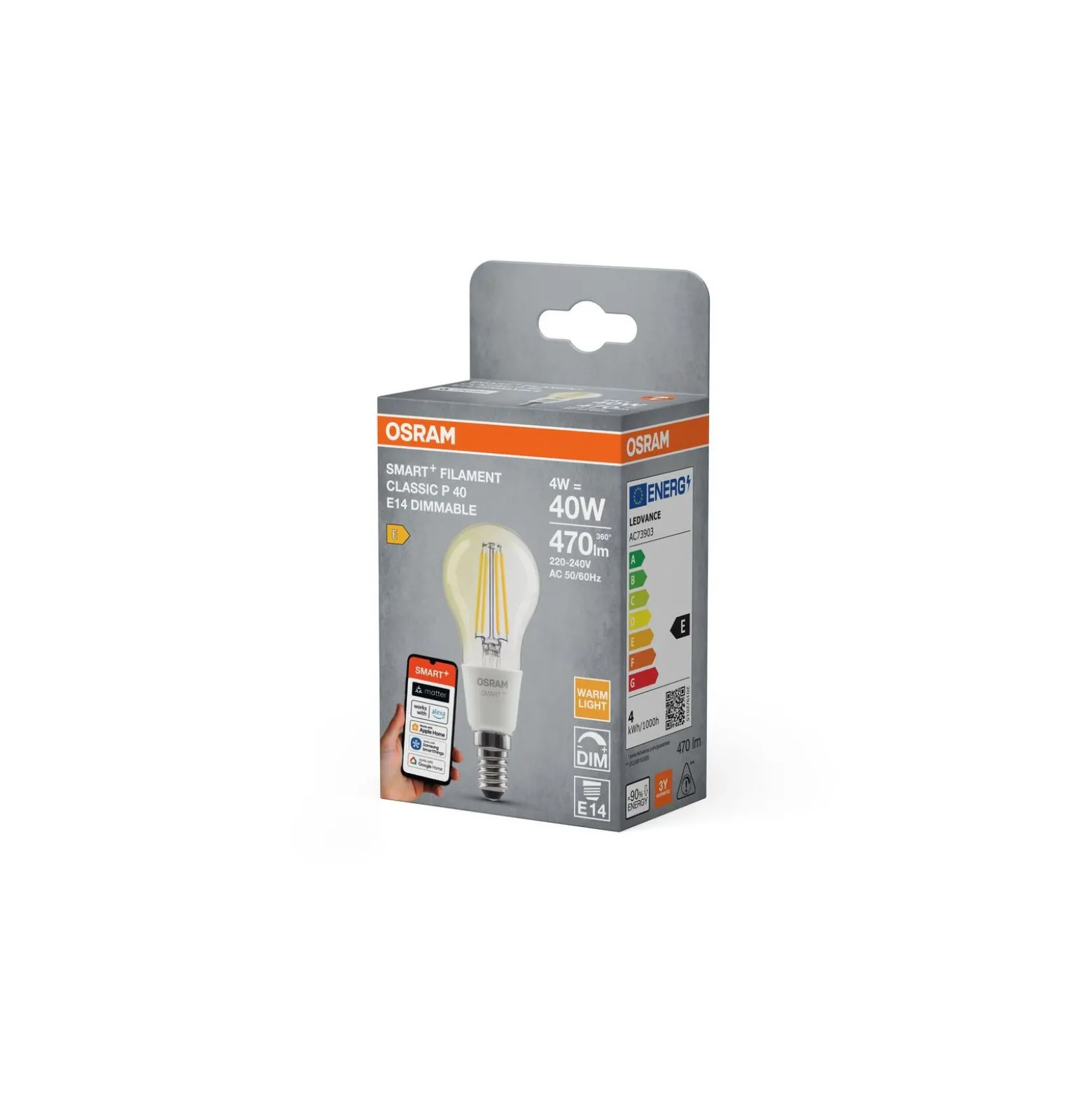 Osram Smart+ Matter Classic LED E14 Päron Filament Klar 4W 470lm - 827 Extra Varm Vit | Dimbar - Via Smart Device Only - Ersättare 40W