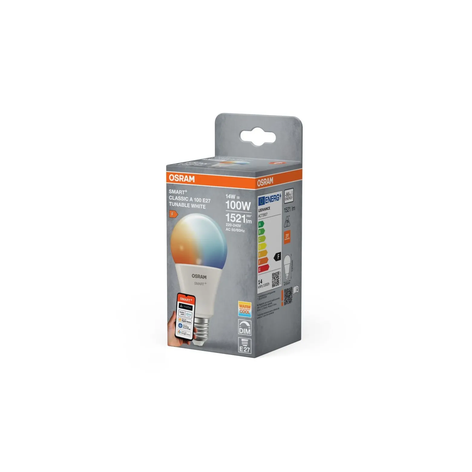 Osram Smart+ Matter Classic LED E27 Päron Matt 14W 1521lm - 827-865 Justerbar Vit | Dimbar - Ersättare 100W