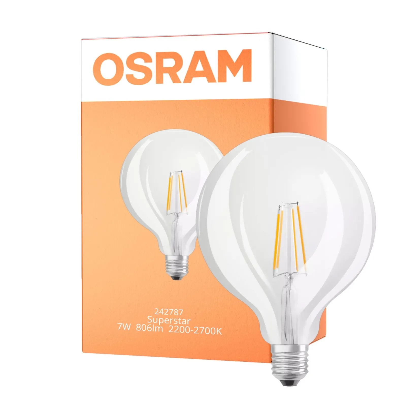 Osram SuperStar LED E27 Globe 125mm Filament Klar 7W 806lm - 822-827 Dim To Warm | Dimbar - Ersättare 60W