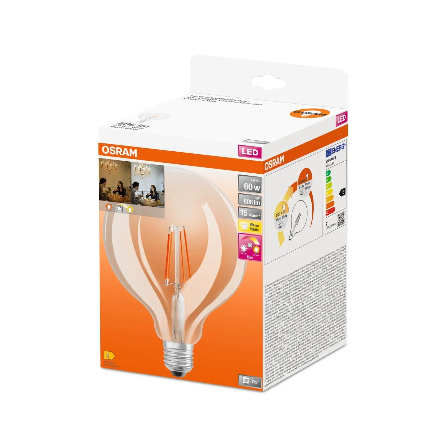 Osram SuperStar LED E27 Globe 125mm Filament Klar 7W 806lm - 822-827 Dim To Warm | Dimbar - Ersättare 60W