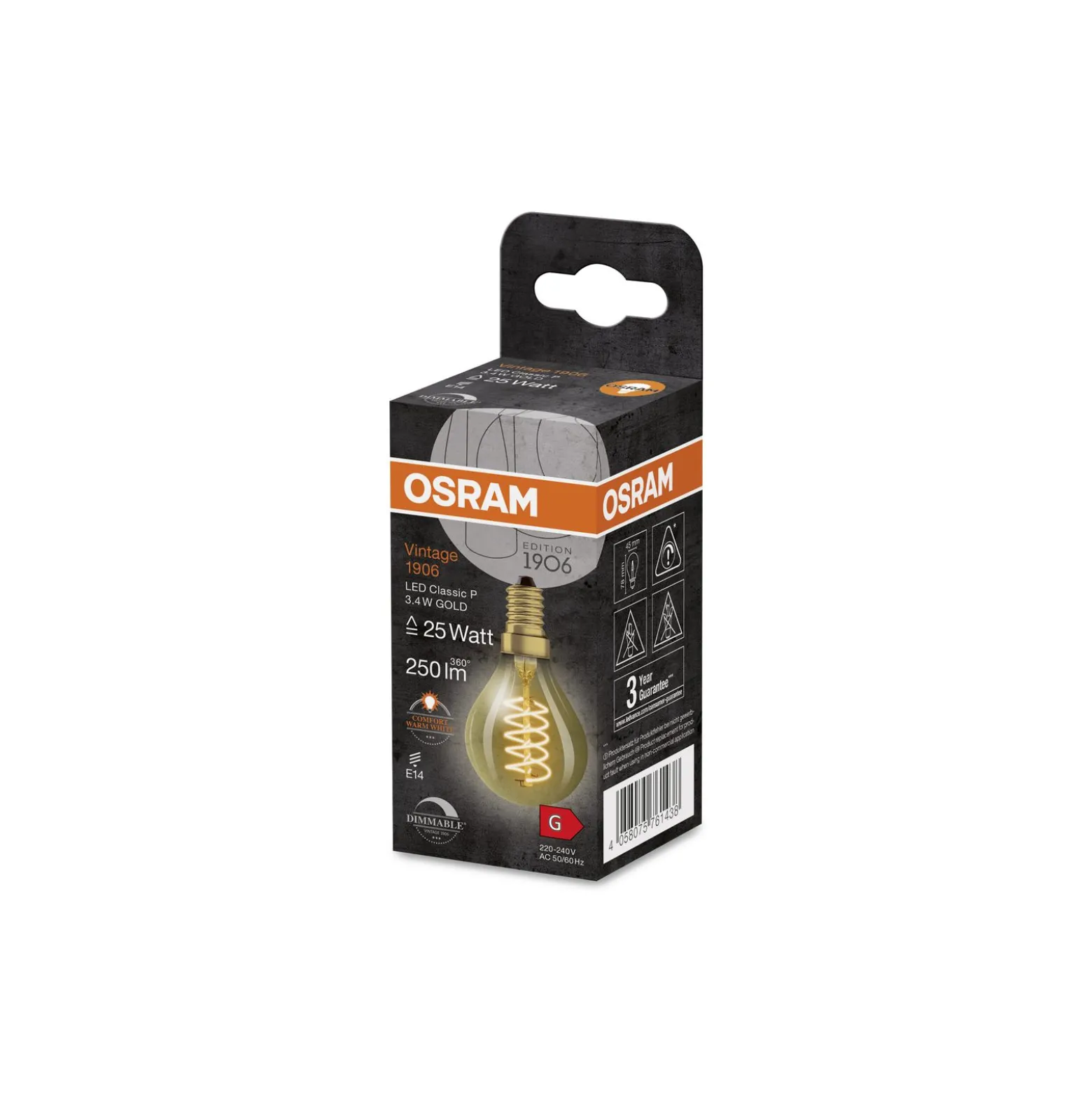 Osram Vintage 1906 LED E14 Ball Filament Gold 3.4W 250lm - 822 Extra Warm White | Dimmable