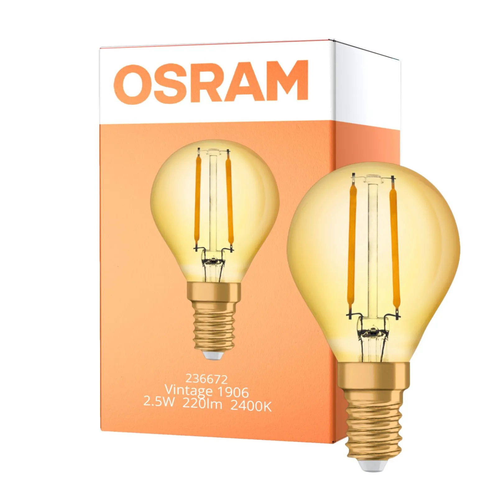 Osram Vintage 1906 LED E14 boll Filament Guld 2.5W 220lm - 824 Extra Varm Vit | Ersättare 25W