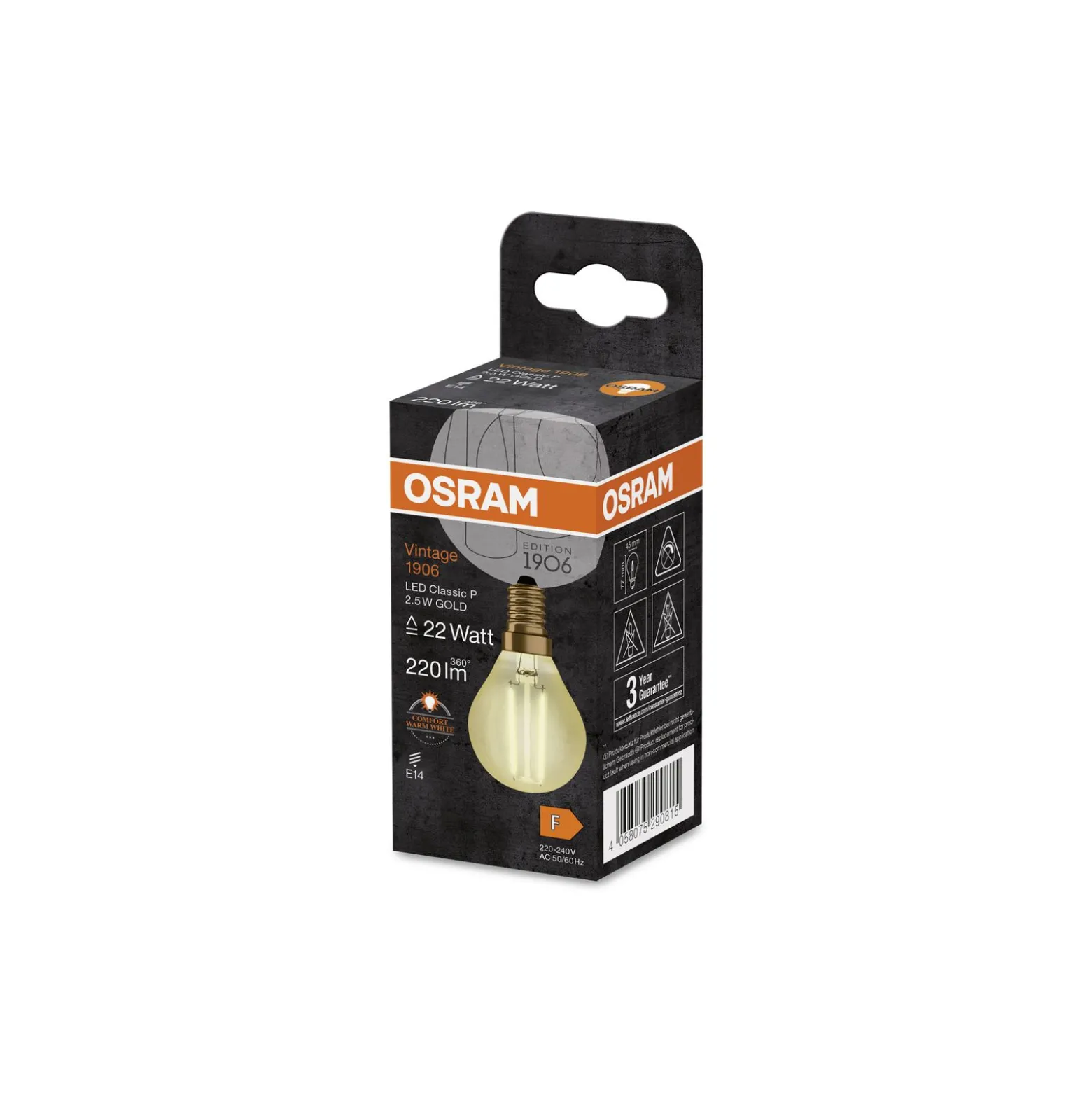 Osram Vintage 1906 LED E14 boll Filament Guld 2.5W 220lm - 824 Extra Varm Vit | Ersättare 25W