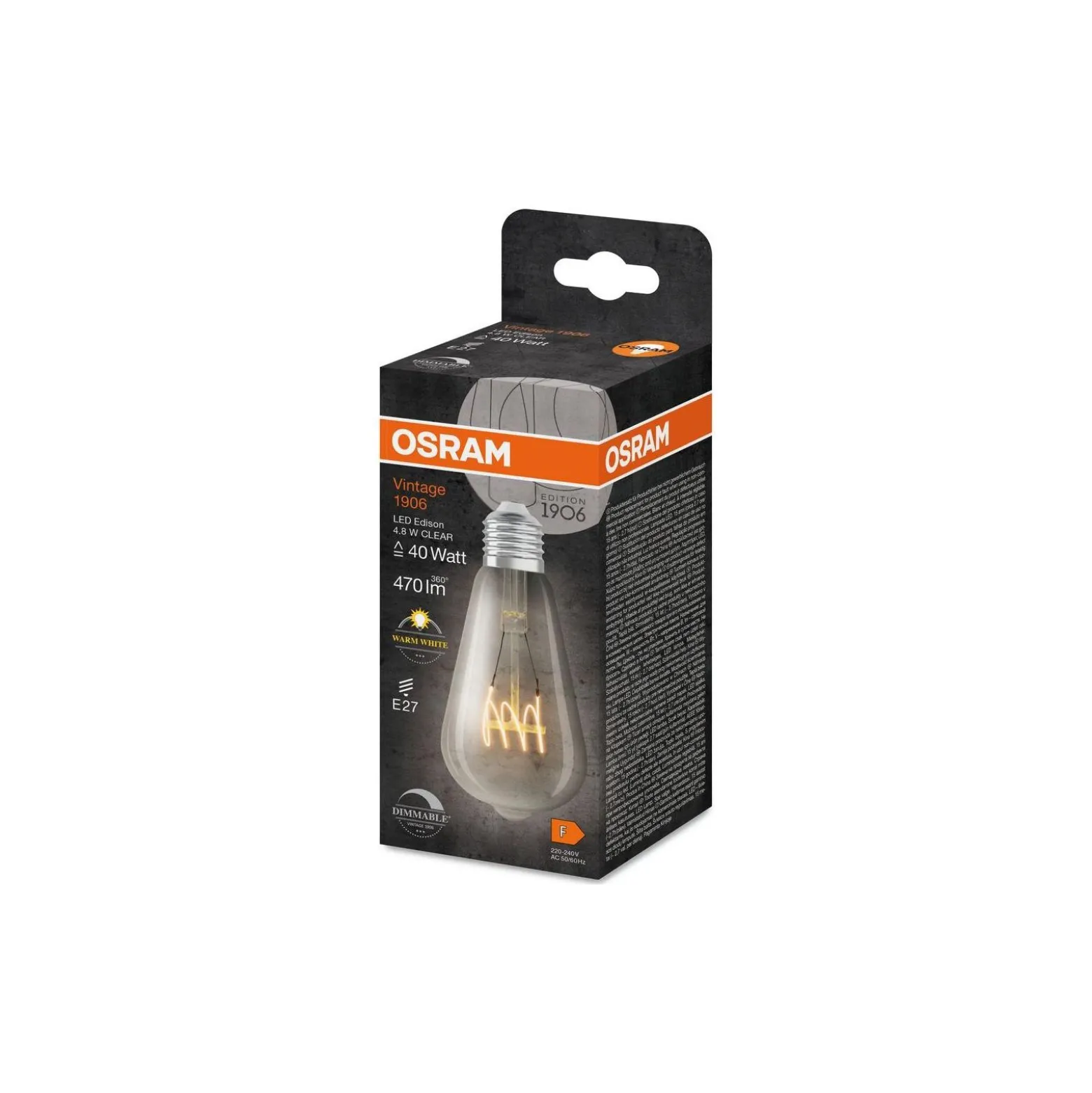 Osram Vintage 1906 LED E27 Edison Filament Klar 4.8W 470lm - 827 Extra Varm Vit | Dimbar - Ersättare 40W