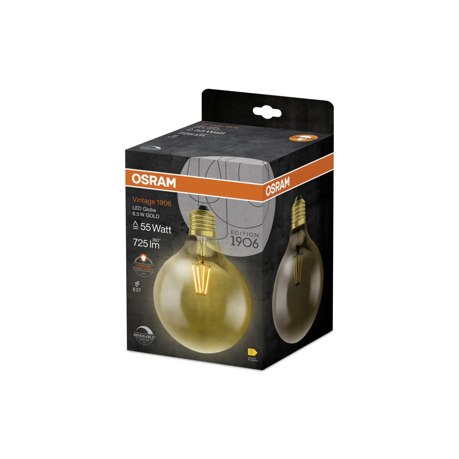Osram Vintage 1906 LED E27 Globe Filament Guld 125mm 6.5W 650lm - 824 Extra Varm Vit | Dimbar - Ersättare 50W