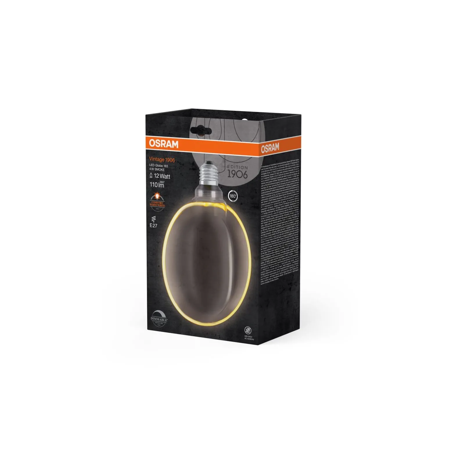 Osram Vintage 1906 LED E27 Globe Filament Smoke 183mm 4W 110lm - 818 Extra Varm Vit | Dimbar - Ersättare 12W