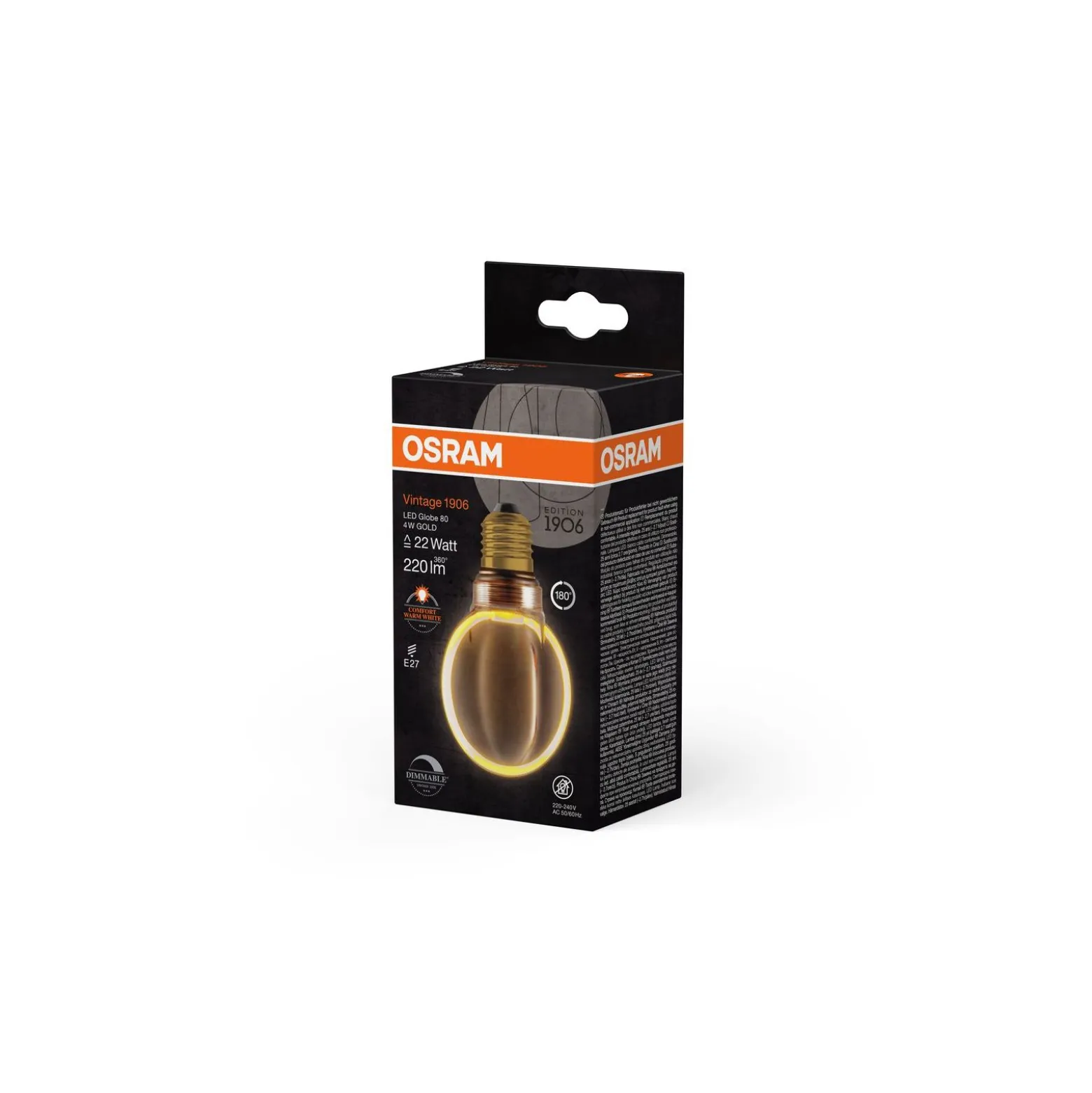 Osram Vintage 1906 LED E27 Globe Filament Guld 80mm 4W 220lm - 818 Extra Varm Vit | Dimbar - Ersättare 22W