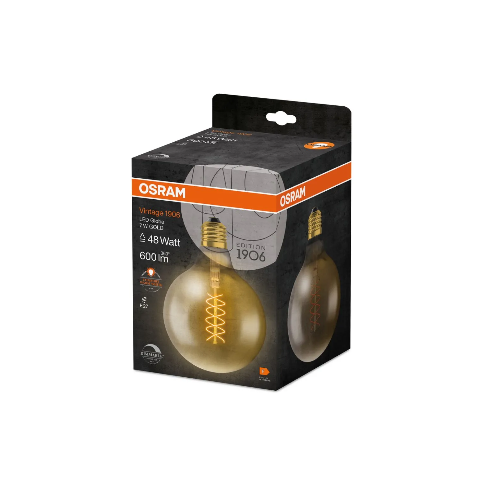 Osram Vintage 1906 LED E27 Globe Filament Gold 125mm 4.8W 420lm - 822 Extra Warm White | Dimmable