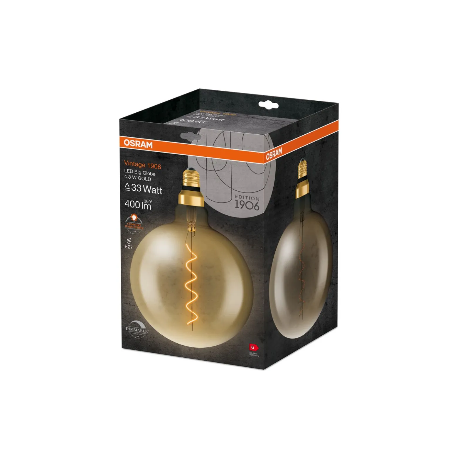 Osram Vintage 1906 LED E27 Globe Filament Gold 200mm 4.8W 400lm - 822 Extra Warm White | Dimmable