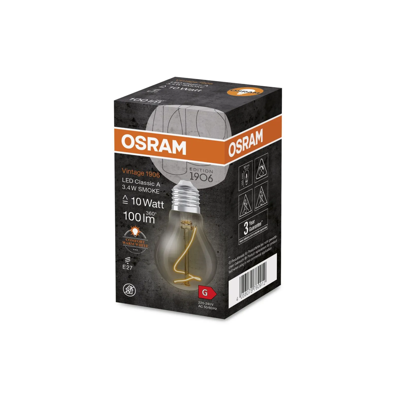Osram Vintage 1906 LED E27 Pear Filament Smokey 3.4W 100lm - 818 Extra Warm White