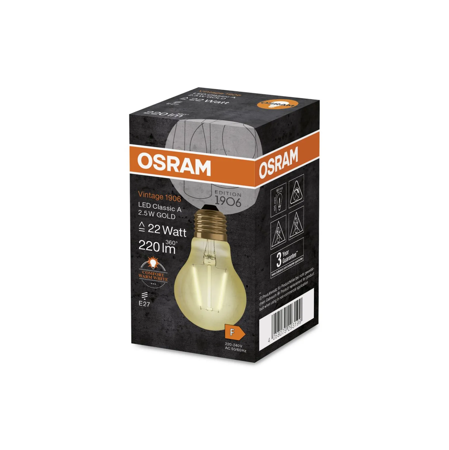 Osram Vintage 1906 LED E27 Päron Filament Guld 2.5W 220lm - 824 Extra Varm Vit | Ersättare 25W