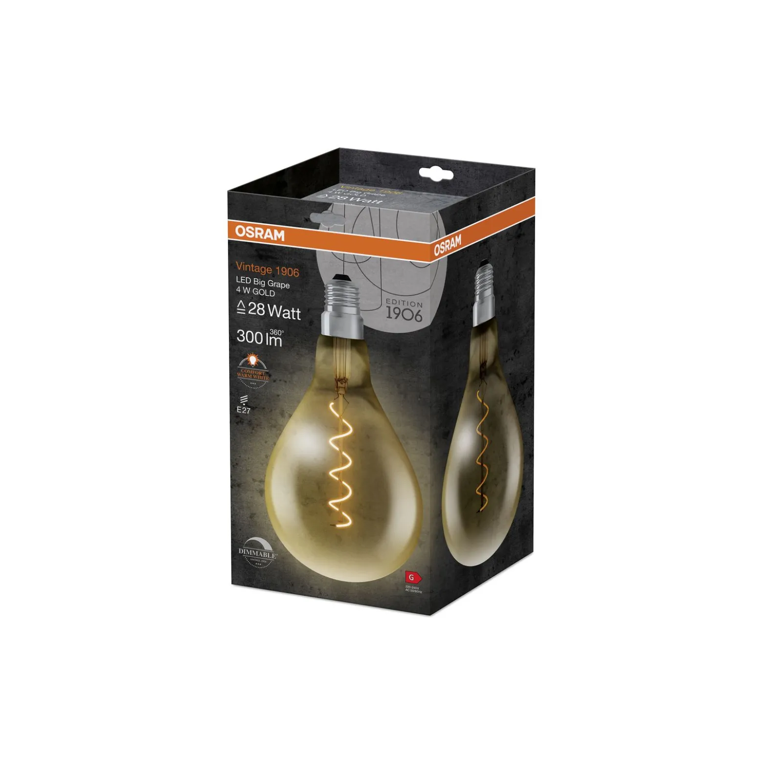 Osram Vintage 1906 LED E27 Päron Filament Guld 160mm 5W 300lm - 820 Extra Varm Vit | Dimbar - Ersättare 40W