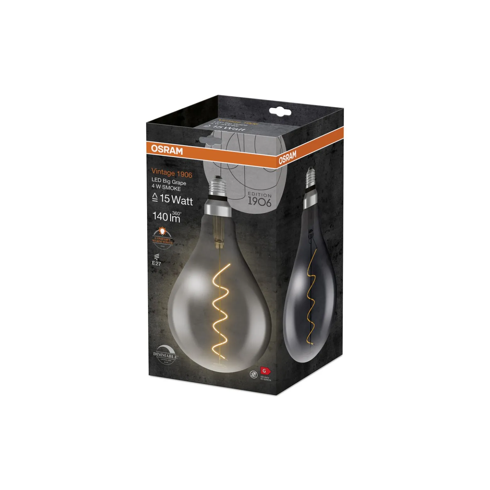 Osram Vintage 1906 LED E27 Päron Filament Smoke 160mm 5W 110lm - 818 Extra Varm Vit | Dimbar - Ersättare 25W