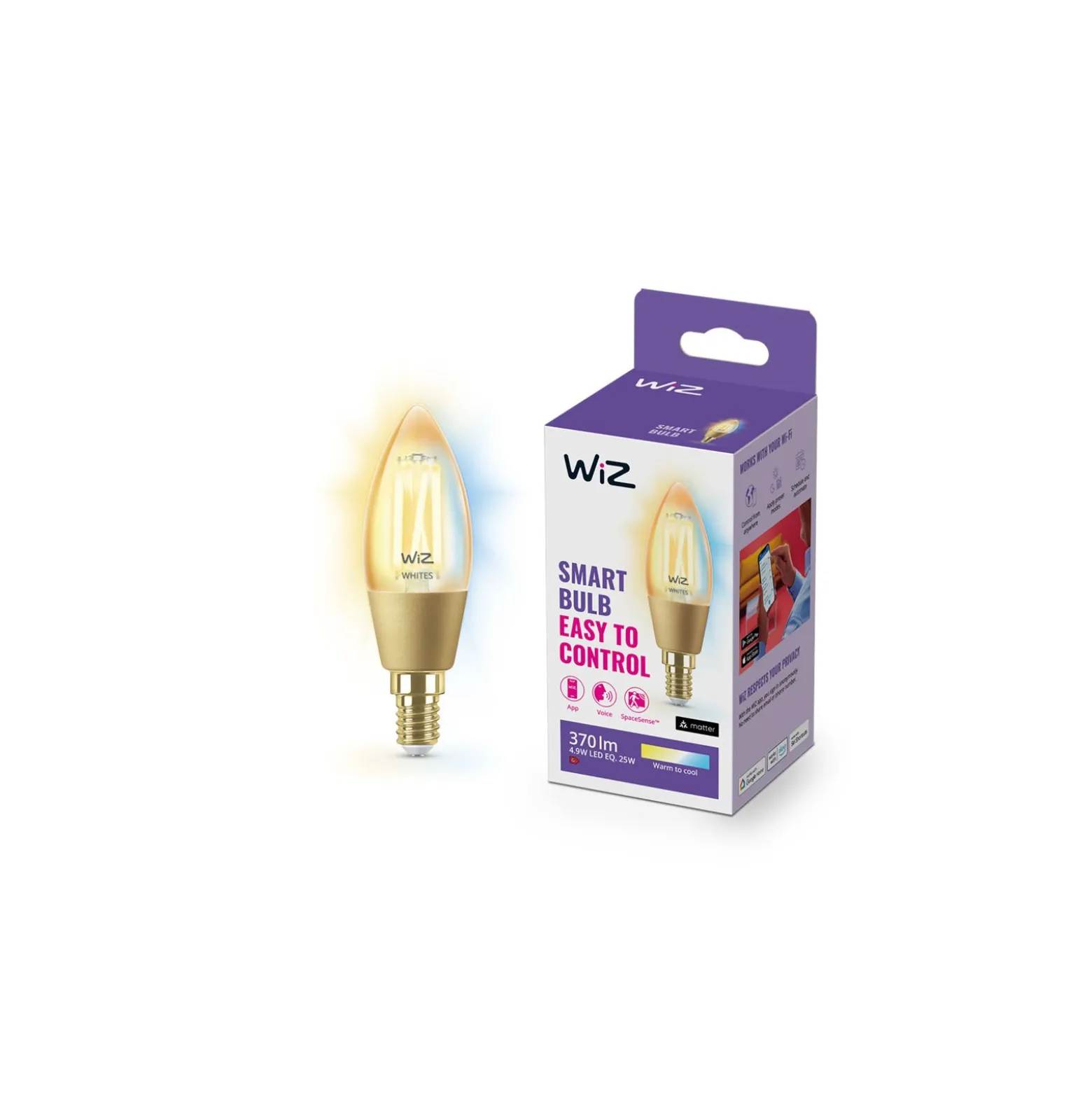 WiZ Smart LED E14 Kronljus Filament Guld 5W 370lm | Bästa Färgåtergivning - Dimbar - Ersättare 25W